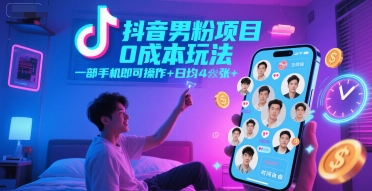 抖音男粉项目0成本玩法，一部手机即可操作，日均4张+，时间自由-紫橙资源网