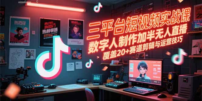 三平台短视频实战课，数字人制作加半无人直播，覆盖20+赛道剪辑与运营技巧-紫橙资源网