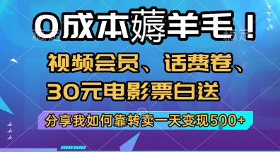 0成本薅羊毛!视频会员、话费卷、30元电影票白送，分享我如何靠转卖一天变现5张+-紫橙资源网