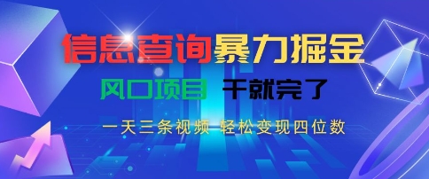 信息查询暴力掘金，一天三条视频，轻松变现四位数，风口项目干就完了-紫橙资源网