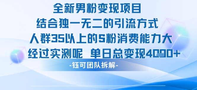 全新男粉变现项目引流人群35以上的男粉消费能力大 经过实测单日变现1k+-紫橙资源网