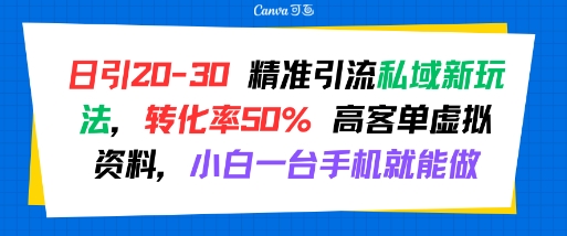 日引 20-30 精准引流私域新玩法，转化率50% 高客单虚拟资料，小白一台手机就能做-紫橙资源网