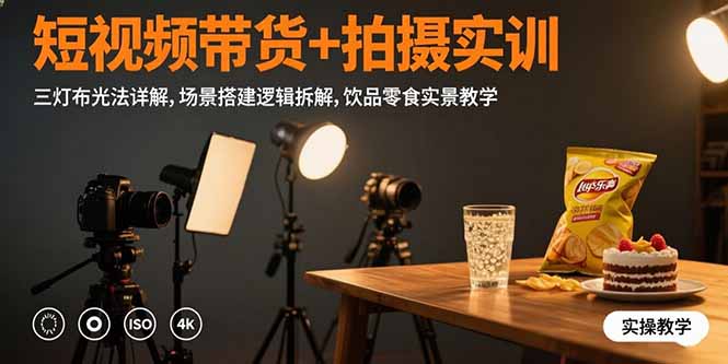短视频带货+拍摄实训：三灯布光法详解,场景搭建逻辑拆解,饮品零食实景教学-紫橙资源网