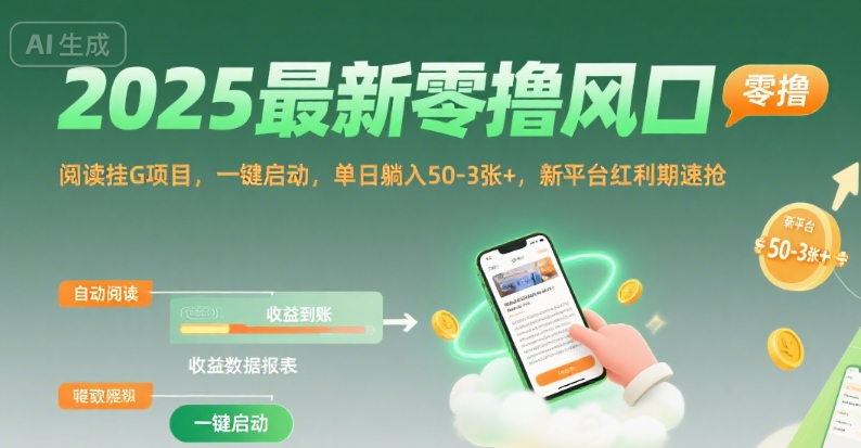 2025最新零撸风口，阅读挂G项目，一键启动，单日躺入 50-3张+，新平台红利期速抢-紫橙资源网