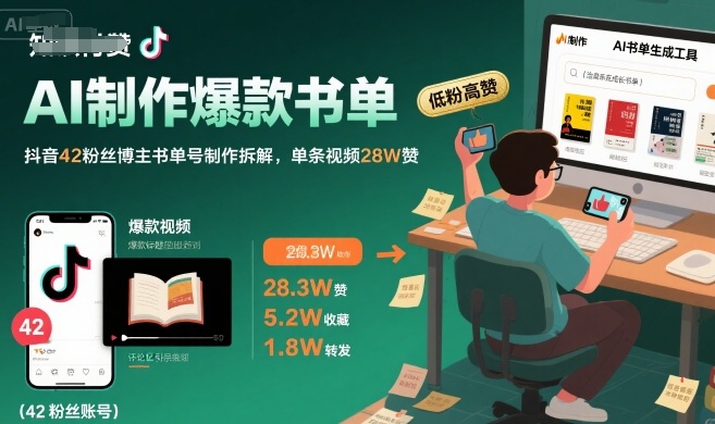 AI制作爆款书单，抖音42粉丝博主书单号制作拆解，单条视频28W赞-紫橙资源网