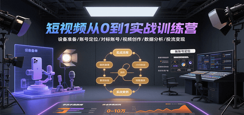 短视频从0到1实战训练营：设备准备/账号定位/对标账号/视频创作/数据分析/投流变现-紫橙资源网