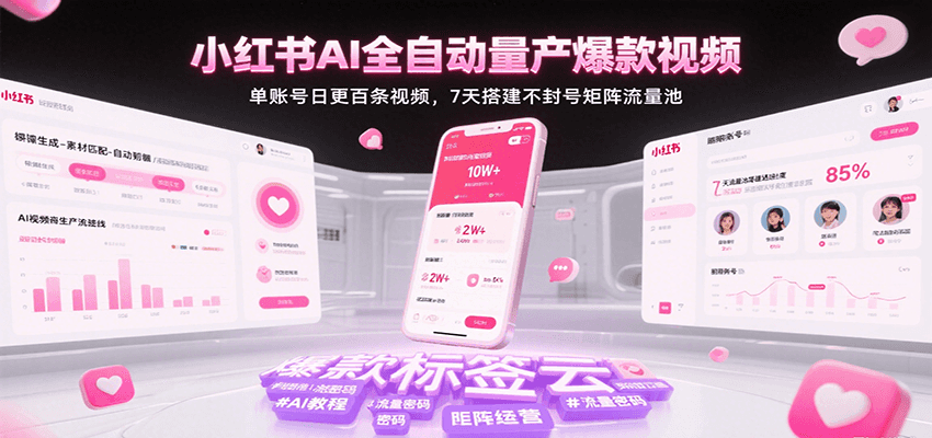 小红书AI全自动量产爆款视频，单账号日更百条视频，7天搭建不封号矩阵流量池-紫橙资源网
