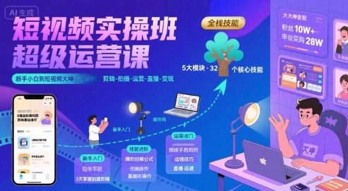 短视频实操班超级运营课,新手小白到短视频大神必修课程,剪辑-拍摄-运营-直播-变现-紫橙资源网