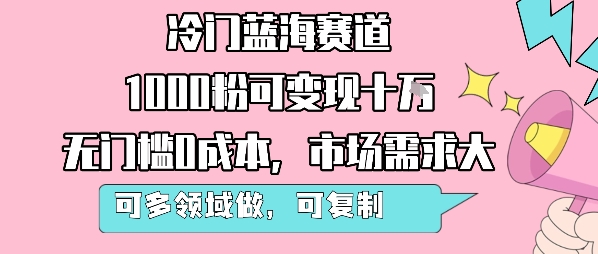 冷门蓝海赛道，1000粉可变现十W，无门槛0成本，市场需求大，可多领域做，可复制性强-紫橙资源网