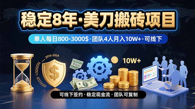 稳定8年的美刀搬砖项目，单人每日收益800—3000.团队4人月入10W+.可线下-紫橙资源网