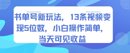 书单号新玩法，13条视频变现5位数，小白操作简单，当天可见收益-紫橙资源网