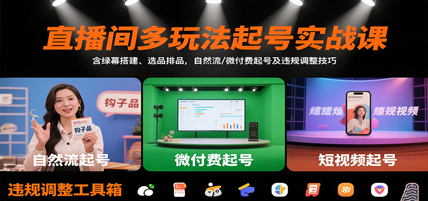 直播间多玩法起号实战课:含绿幕搭建、选品排品,自然流/微付费起号及违规调整技巧-紫橙资源网