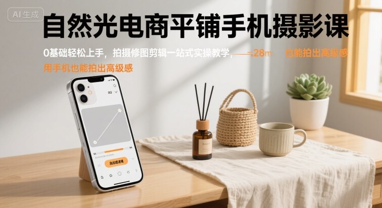 自然光电商平铺手机摄影课，0基础轻松上手，拍摄修图剪辑一站式实操教学，用手机也能拍出高级感-紫橙资源网