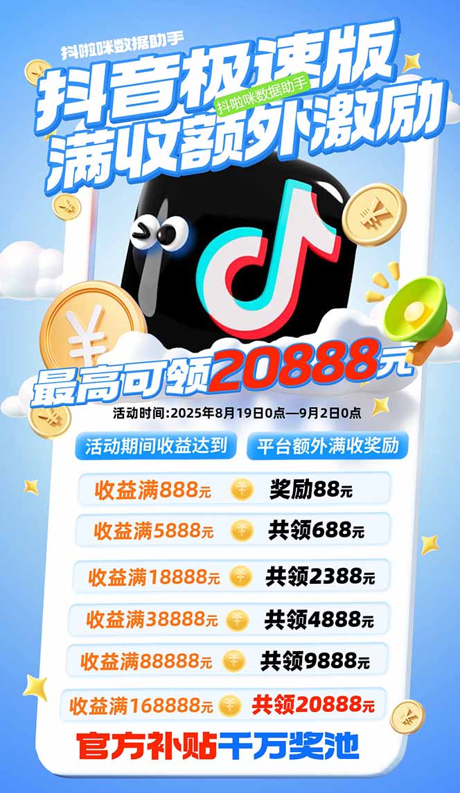 抖音极速版拉新，平台大力扶持，每单15元，万播转化无上限，平台额外满...