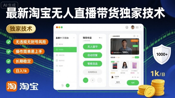 最新淘宝无人直播带货独家技术，无违规无封号风险，操作简单易上手，长期稳定日入1k-紫橙资源网