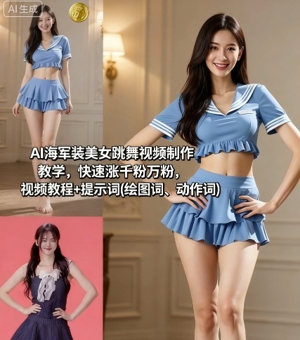 AI海军装美女跳舞视频制作教学，快速涨千粉万粉，视频教程+提示词(绘图词、动作词)-紫橙资源网