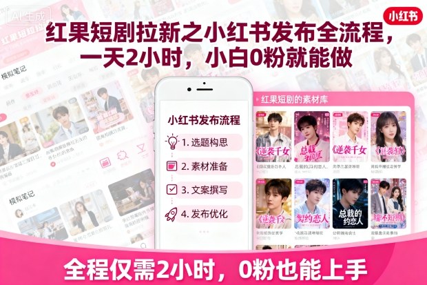 红果短剧拉新之小红书发布全流程,一天2小时,小白0粉就能做-紫橙资源网