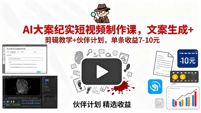 AI大案纪实短视频制作课，文案生成+剪辑教学+伙伴计划，单条收益7-10元-紫橙资源网