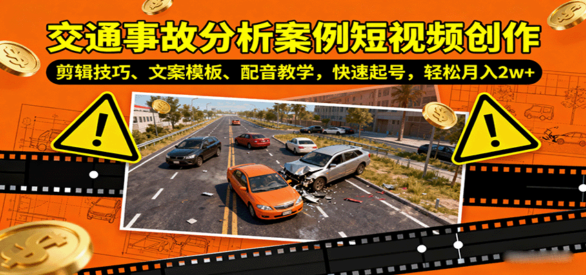 交通事故分析案例短视频创作,剪辑技巧、文案模板、配音教学,快速起号,轻松月入2w+-紫橙资源网