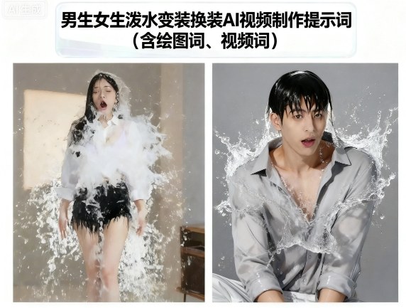 男生女生泼水变装换装AI视频制作提示词(含绘图词、视频词)-紫橙资源网