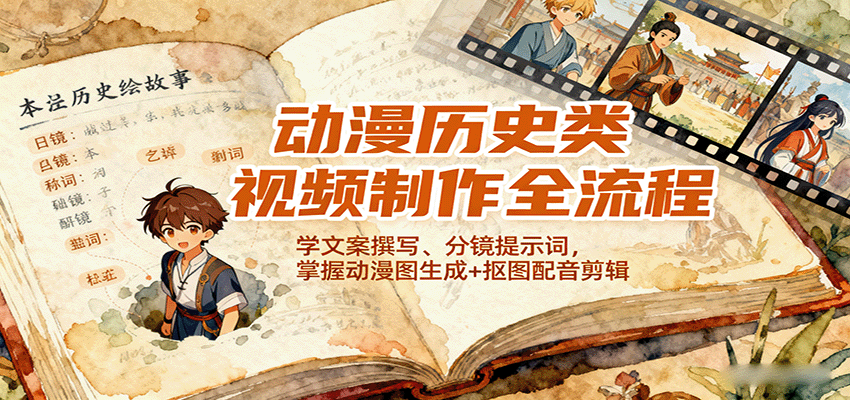 动漫历史类视频制作全流程,学文案撰写、分镜提示词,掌握动漫图生成+抠图配音剪辑-紫橙资源网