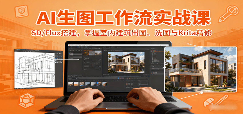 AI生图工作流实战课：SD/Flux搭建，掌握室内建筑出图、洗图与Krita精修-紫橙资源网