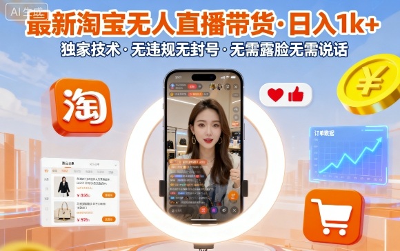 最新淘宝无人直播带货，日入1k+，独家技术，无违规无封号，无需露脸无需说话-紫橙资源网