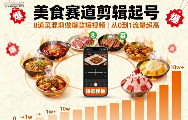 美食赛道剪辑起号，8道菜混剪做爆款短视频，从0到1，流量超高-紫橙资源网