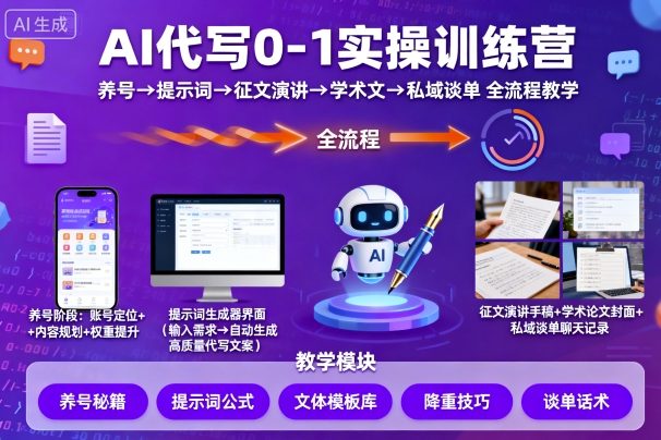 AI代写0-1实操训练营,从养号、提示词、征文演讲、学术文,到私域谈单的全流程教学-紫橙资源网