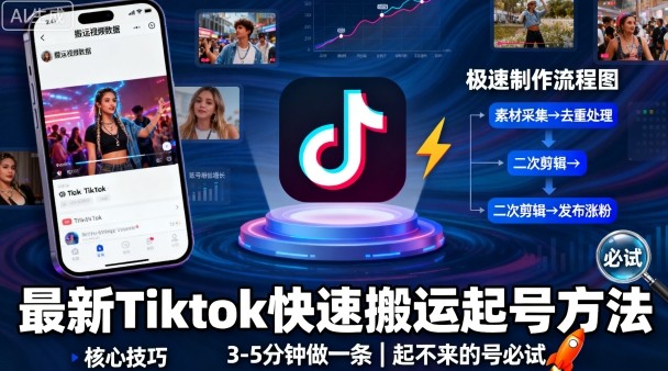 最新Tiktok快速搬运快速起号方法，3-5分钟做一条，起不来的号可以试试-紫橙资源网