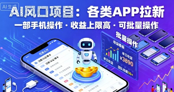 AI风口项目，各类APP拉新，一部手机就可以操作，收益上限高，可批量操作-紫橙资源网