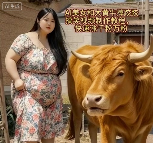 AI美女和大黄牛摔跤搞笑荒诞视频制作教程，快速涨千粉万粉-紫橙资源网