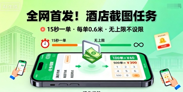 全网首发！酒店截图任务，15秒一单，每单0.6米，任务无上限不设限，矩阵操作单日3张到手 - 冒泡网