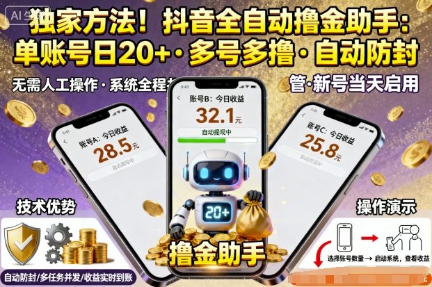 独家方法!最新抖音系列全自动挂G撸金助手,单账号一天20+,多号多撸,自动防封-紫橙资源网