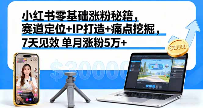 小红书零基础涨粉秘籍，赛道定位+IP打造+痛点挖掘，7天见效 单月涨粉5万+-紫橙资源网