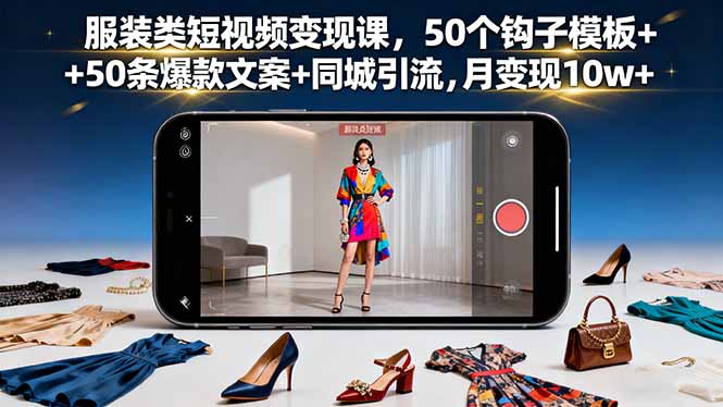 服装类短视频变现课，50个钩子模板+50条爆款文案+同城引流，月变现10w+-紫橙资源网