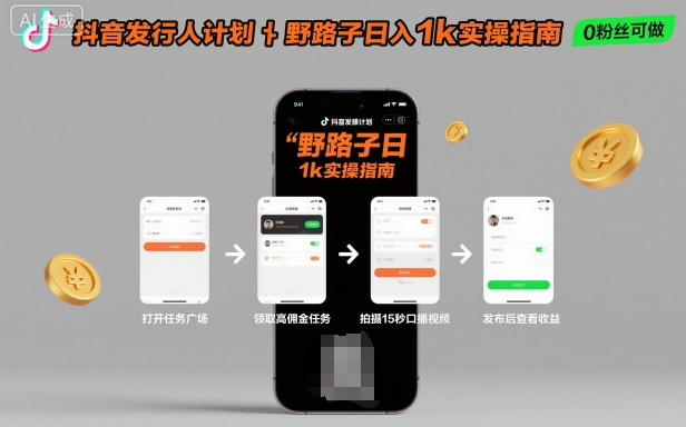 抖音发行人计划全新野路子玩法，随时随地，只要有手机，就能操作，日入1k+-紫橙资源网