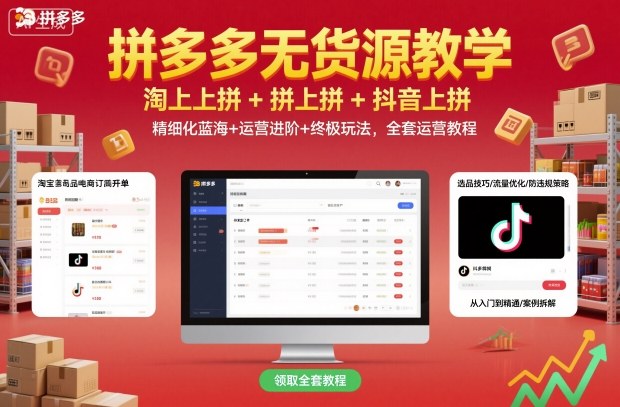 拼多多无货源教学,淘上拼+拼上拼+抖上拼,精细化蓝海+运营进阶+终极玩法,全套运营教程-紫橙资源网