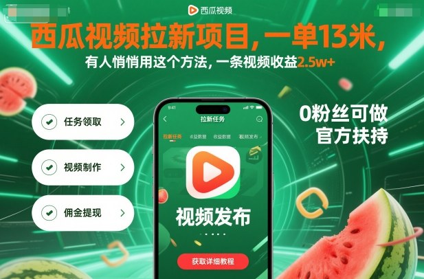 西瓜视频拉新项目,一单13米,有人悄悄用这个方法,一条视频收益2.5w+(附详细教程)-紫橙资源网