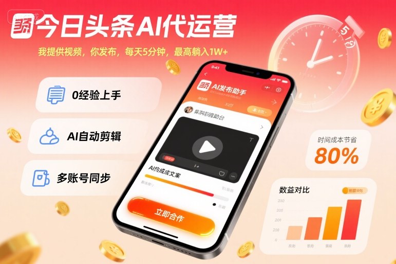 今日头条AI代运营,我提供视频,你发布,每天5分钟,最高躺入1W+-紫橙资源网