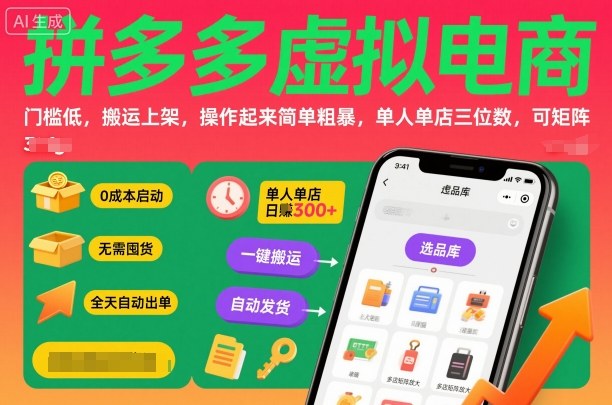 拼多多虚拟电商，门槛低，搬运上架，操作起来简单粗暴，单人单店三位数，可矩阵-紫橙资源网