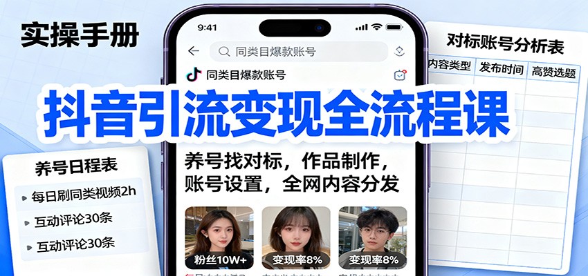 抖音引流变现全流程课：养号找对标，作品制作，账号设置，全网内容分发-紫橙资源网