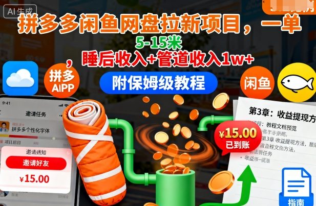 拼多多闲鱼网盘拉新项目,一单5-15米,睡后收入+管道收入1w+(附保姆级教程)-紫橙资源网