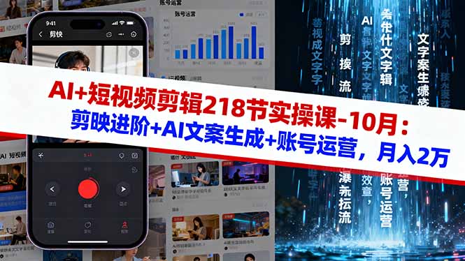 AI+短视频剪辑218节实操课-10月：剪映进阶+AI文案生成+账号运营，月入2万-紫橙资源网