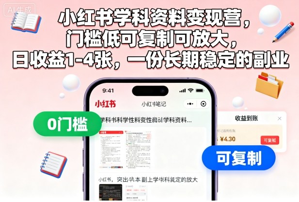 小红书学科资料变现营，门槛低可复制可放大，日收益1-4张，一份长期稳定的副业-紫橙资源网