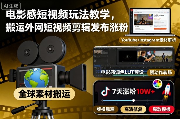 电影感短视频玩法教学，搬运外网短视频剪辑发布涨粉-紫橙资源网