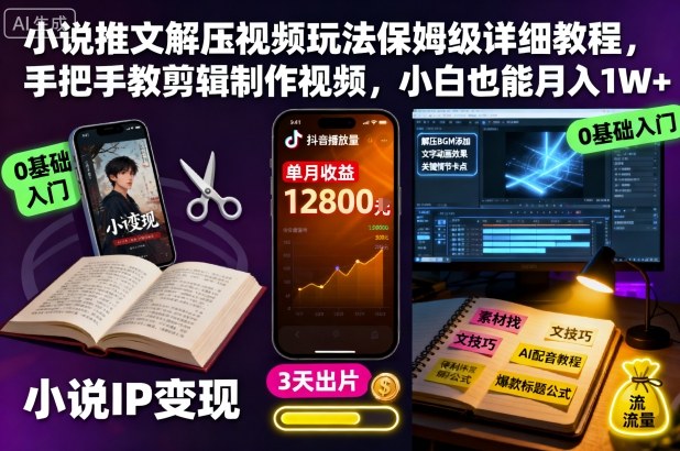 小说推文解压视频玩法保姆级详细教程,手把手教剪辑制作视频,小白也能月入1W+-紫橙资源网