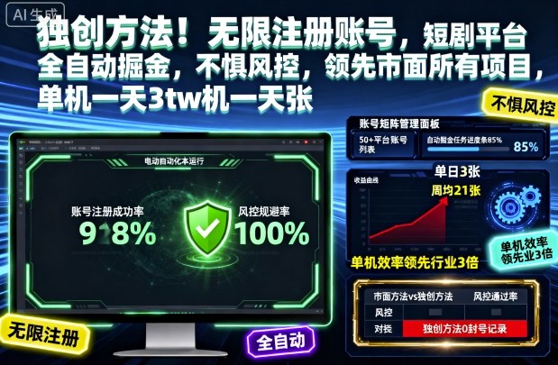独创方法!无限注册账号,短剧平台全自动掘金,不惧风控,领先市面所有项目,单机一天3张-紫橙资源网