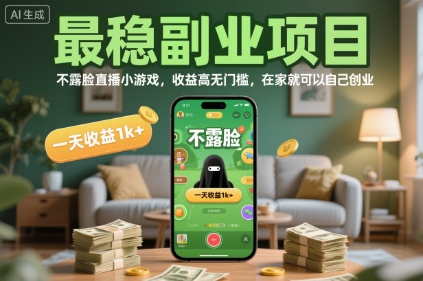 最稳副业项目，不露脸直播小游戏，收益高无门槛，一天收益1k+，在家就可以自己创业-紫橙资源网