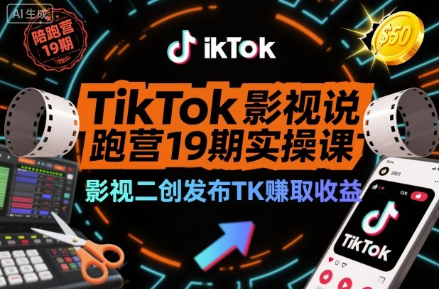 TikTok影视解说陪跑营19期实操课，影视二创发布TK賺取收益，万播收益50美金-紫橙资源网